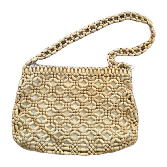 The Sak Beaded Wooden Shoulder Bag Boho Retro Natural Beige Crossbody Purse - Picture 1 of 13